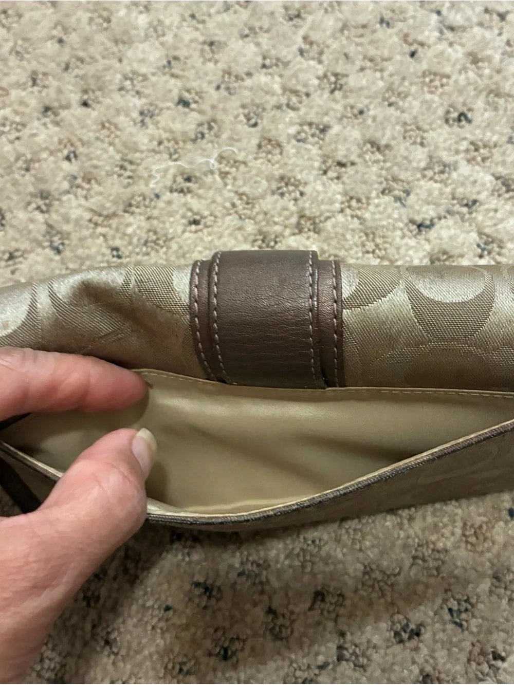 Coach Taupe Signature Canvas Wallet with Brown Trim and Gold Ring